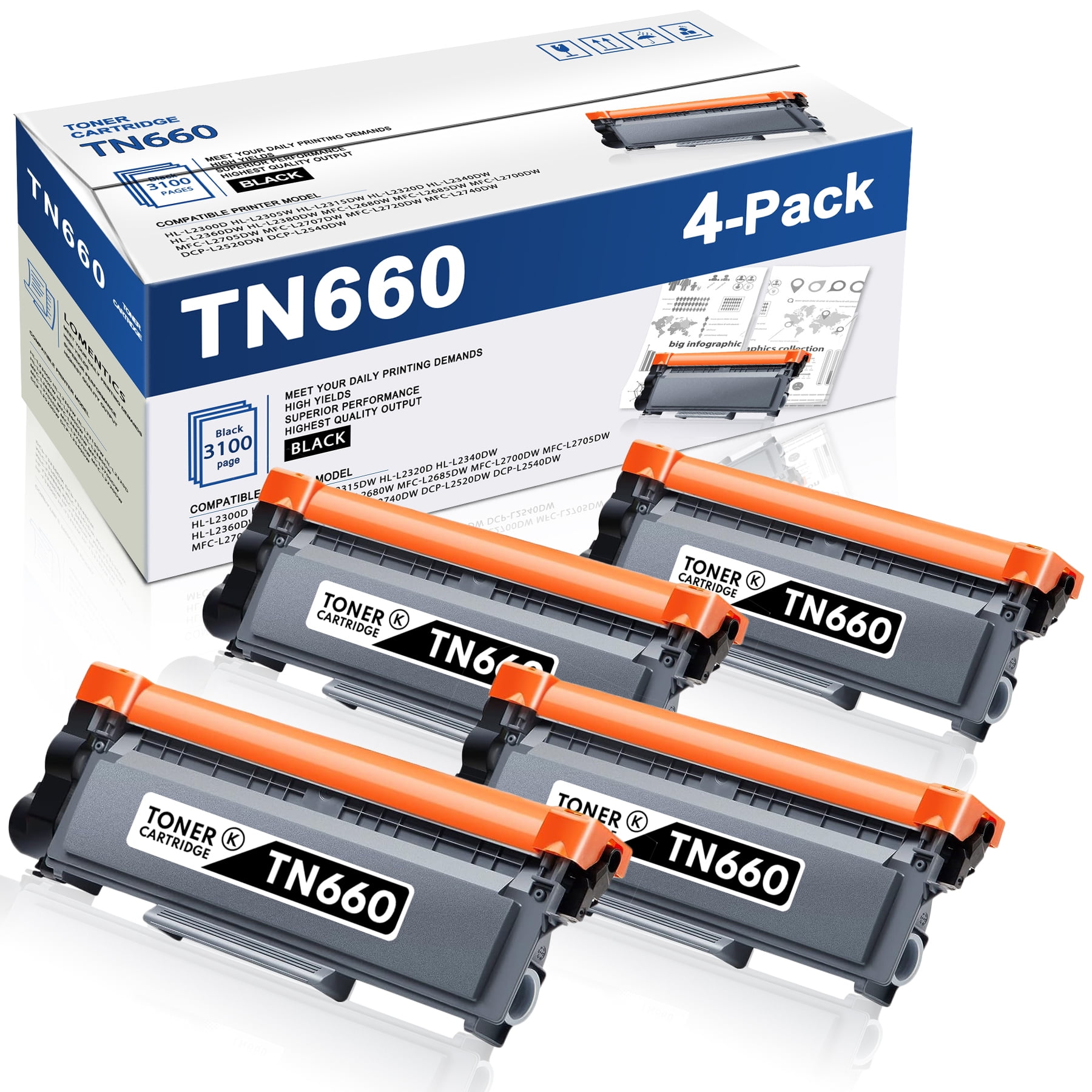 Pack De 4 Tóner TN660/TN630 Compatible Brother HL-L2300D, L2340DW, MFC-L2740D - Alto Rendimiento 2600 Páginas