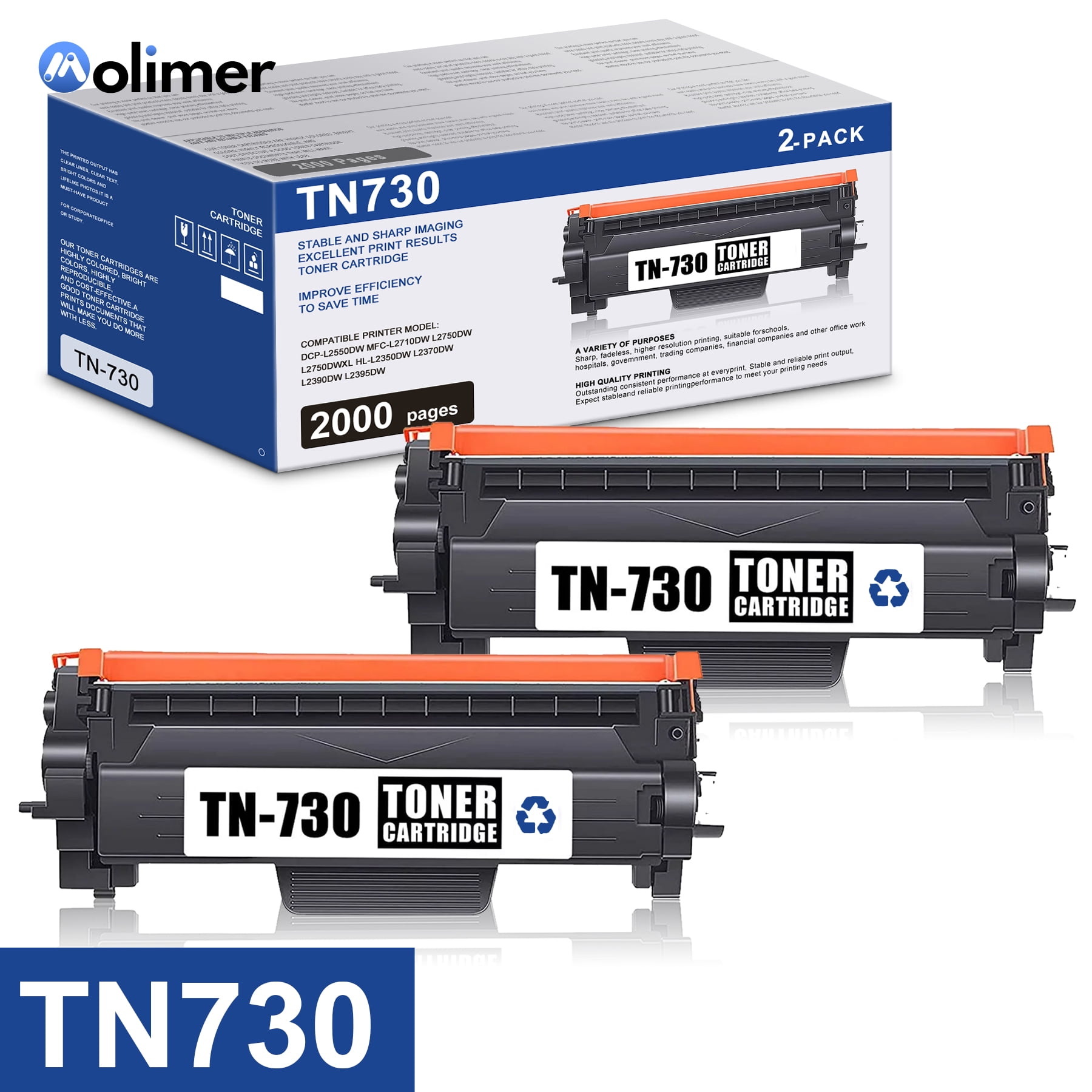 TN730 Black Toner Cartridge Replacement for Brother MFC-L2710DW Printer,  2-Pack 