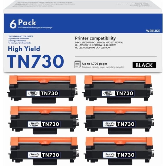 TN730 TN-730 Black Toner Cartridge Replacement for Brother TN730 DCP-L2550DW MFC-L2710DW L2750DWXL HL-L2350DW Printer 6-Pack