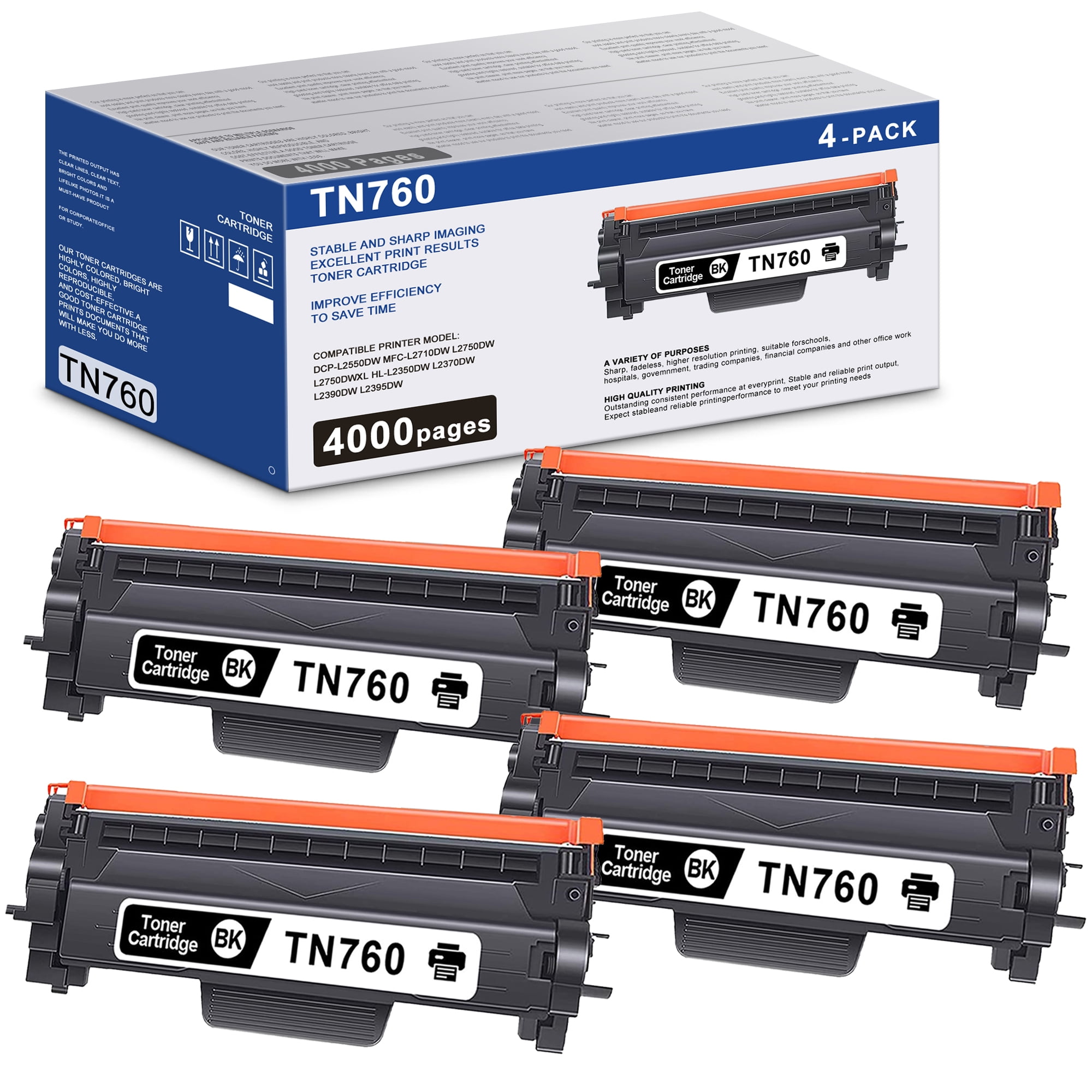 (TN760 4PK, 4000 Pages) TN760 TN760 Hige Yield Toner Cartridge 4 Pack