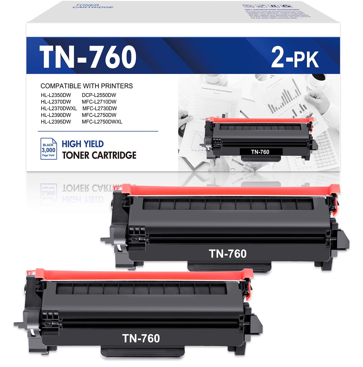 2 Pack TN-760 TN760 Toner Cartridge compatible for Brother MFC-L2710DW  L2750DW