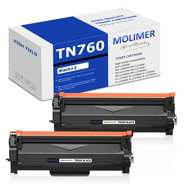 TN760 High Yield Toner Cartridge Compatible for Brother TN760 Black 2 Pack DCPL2550DW Printer