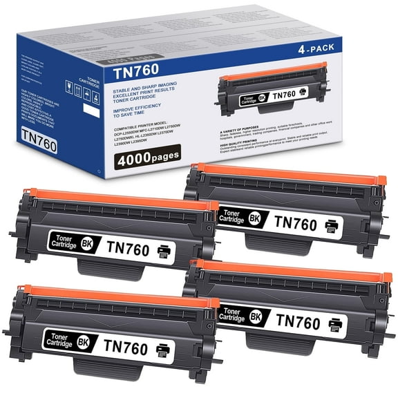 TN760 TN-760 Toner Cartridge 4 Pack Compatible for Brother TN760 TN-760 TN730 TN-730 For DCP-L2550DW MFC-L2710DW Printer