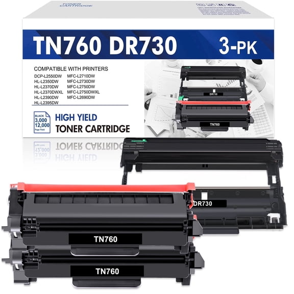 TN760 DR730 Compatible for Brother TN760 TN-760 Toner Cartridge DR730 DR-730 Drum Unit MFC-L2710DW MFC-L2750DW HL-L2350DW HL-L2370DW Printer ( 2 Black Toner, 1 Drum Unit)