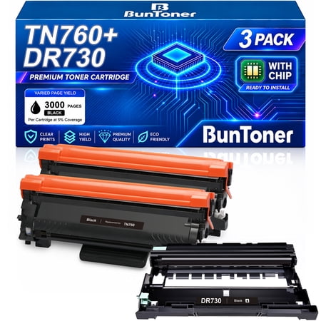 TN760 TN-760 Toner Cartridge Replacement for Brother 760 TN760 TN-730 for MFC-L2710DW MFC-L2750DW HL-L2350DW HL-L2370DW Printer ( 2 Black Toner and 1 Drum Unit)
