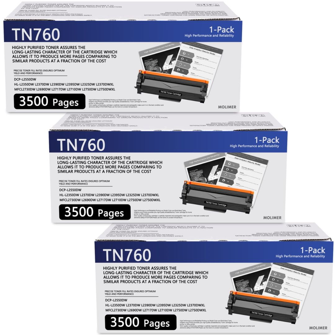 TN760 Toner Cartridge 3 Pack High Yield Replacement for Brother TN760
