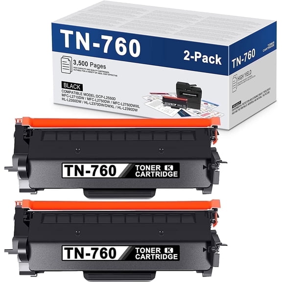 TN760 Toner Cartridges 2-Pack Compatible for Brother TN-760 TN730 TN-730 Toner for HL-L2350DW DCP-L2550DW MFC-L2710DW MFC-L2730DW HL-L2370DW HL-L2395DW Printer Ink Black