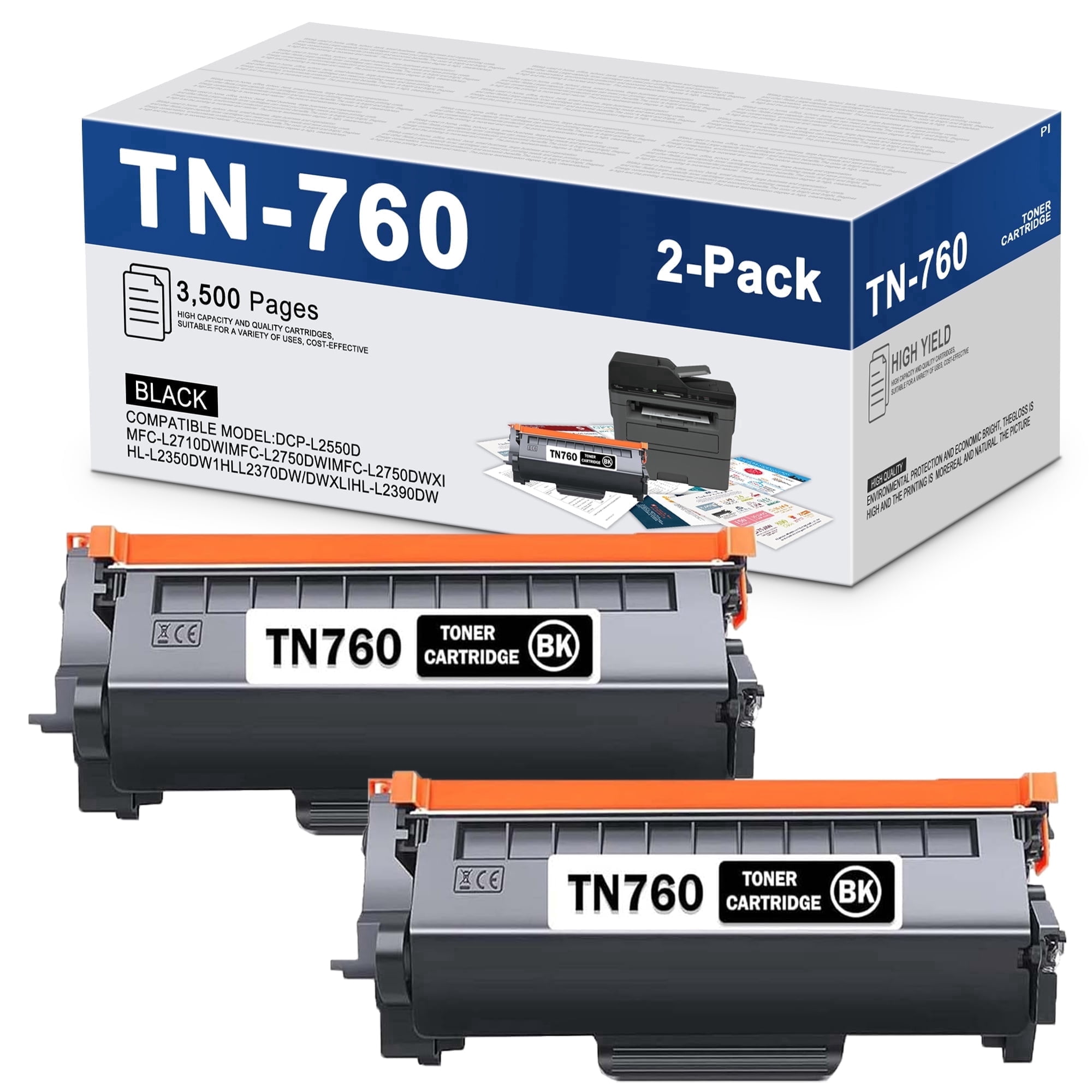 TN 760 TN760 Toner Cartridges 2 Pack Black Compatible for Brother TN760 TN-760 TN 730 TN-730 TN730 Toner Cartridge for HL-L2350DW DCP-L2550DW MFC-L2710DW MFC-L2730DW HL-L2370DW HL-L2395DW Printer