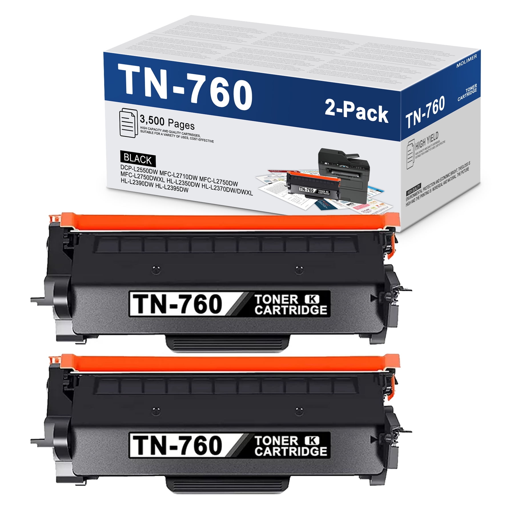 TN760 Toner Cartridge Compatible 2 Pack Black TN 760 Toner Replacement for Brother HLL2350DW