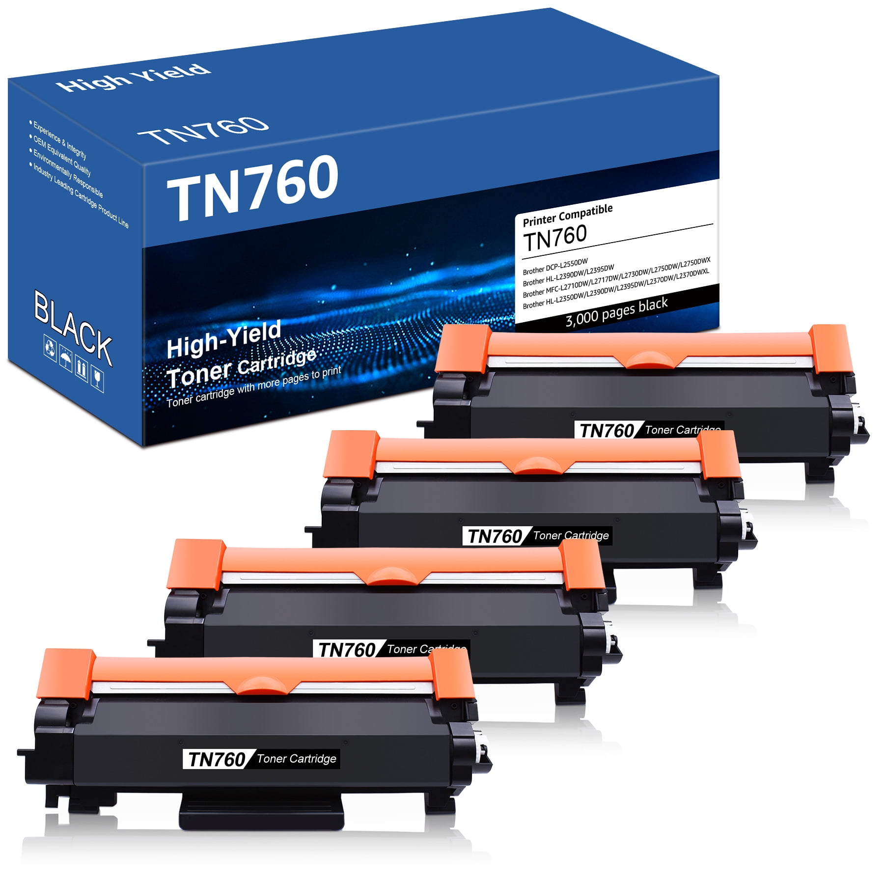 Brother TN-760 DCP-L2550DW HL-L2350DW 2370 2370 2390 2395 MFC-L2710 L2750  2750DW XL Replacement Toner Cartridge (Black) in Retail Packaging / 3-Toner