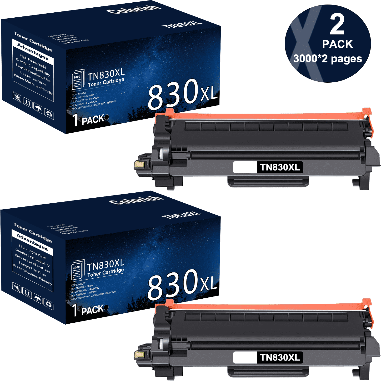 Colorich TN830XL TN830 Black High Yield Toner Cartridge Compatible for Brother TN830XL TN830 HL-L2460DW HL-L2405W DCP-L2640DW MFC-L2820DW HL-L2400D L2405W L2480DW MFC-L2820DWXL Printer Ink 2-Pack