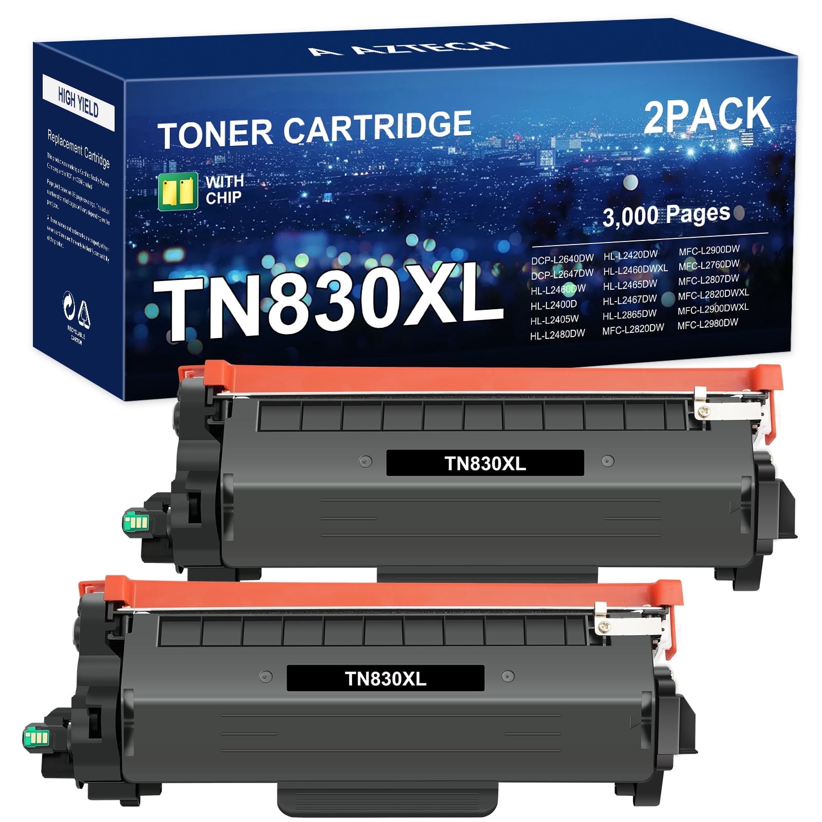 TN830 XL High Yield Toner Cartridge Black Compatible for Brother TN830XL TN830 TN 830XL HL-L2460DW HL-L2405W DCP-L2640DW MFC-L2820DW HL-L2400D L2405W L2480DW MFC-L2820DWXL Printer Ink 2-Pack