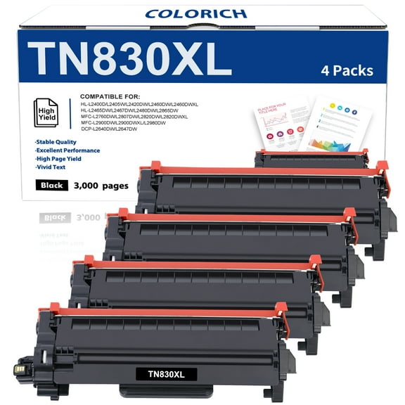 TN830XL TN830 High Yield Toner Cartridge Compatible for Brother TN830XL TN 830XL TN-830XL DCP-L2640DW HL-L2460DW HL-L2405W MFC-L2820DW L2900DW HL-L2400D L2405W L2480DW Printer Ink Black 4-Pack