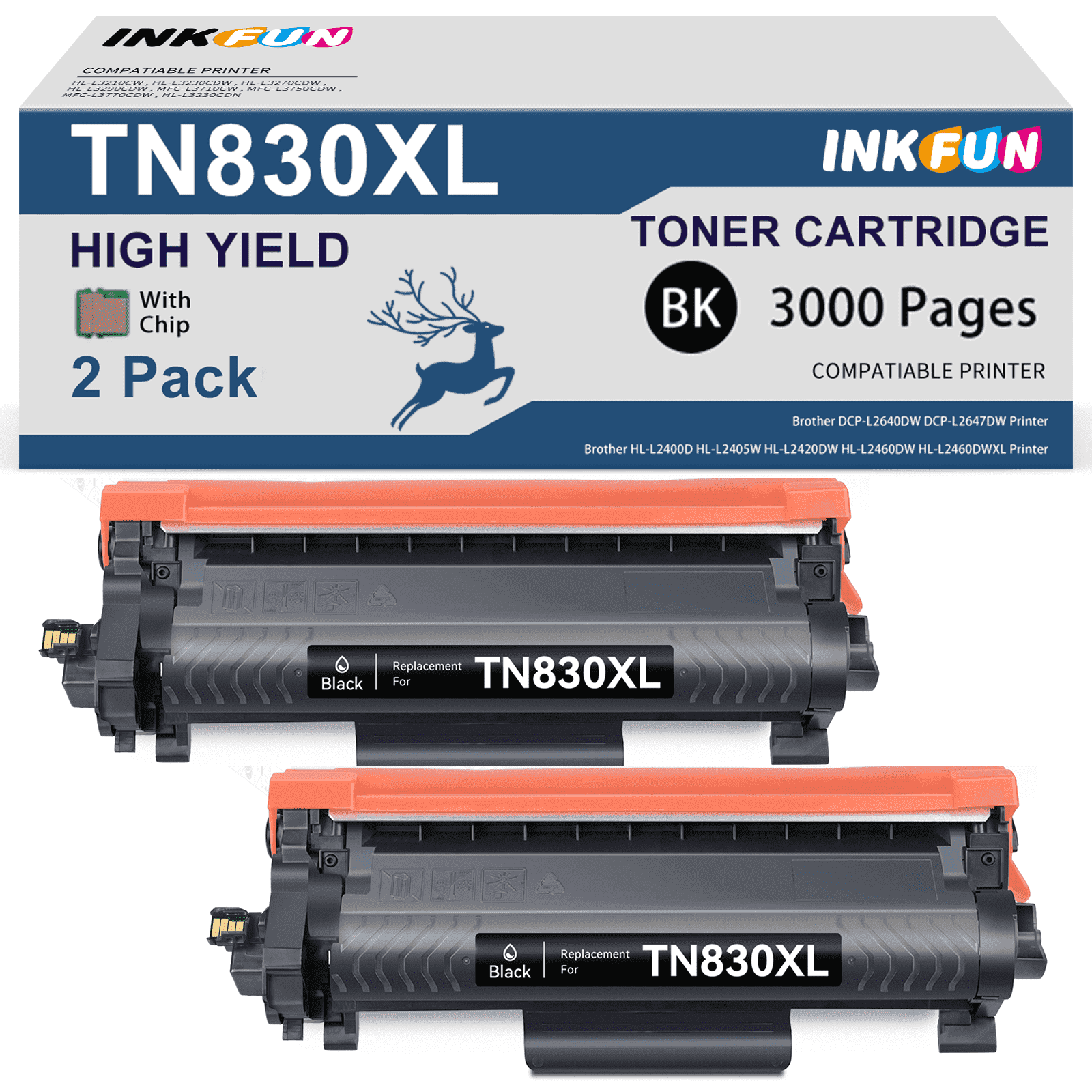 TN830XL TN830 Toner Cartridge for Brother TN830XL TN-830XL TN830 Toner Cartridge for Brother DCP-L2640DW HL-L2460DW HL-L2405W HL-L2400D HL-L2480DW MFC-L2820DW Printer (2 Black)