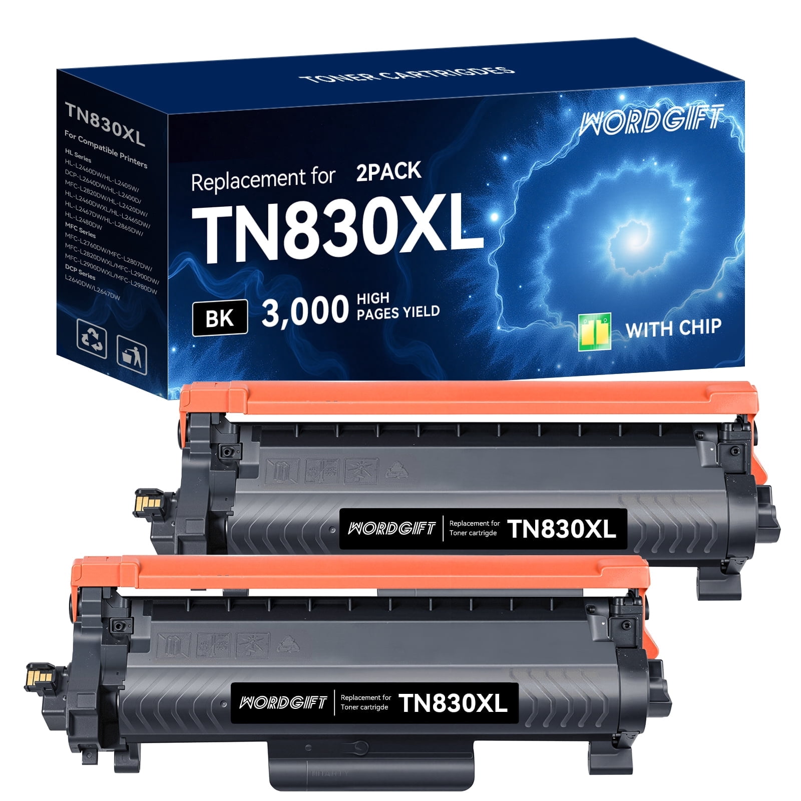 TN830XL TN830 Toner Cartridge Replacement for Brother TN830 Toner Cartridge TN830XL/V for HL-L2400D HL-L2480DW HL-L2405W HL-L2460DW Printer  Ink (2 Pack)