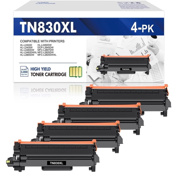 TN830XL Toner Cartridges 4 Pack With Chip Compatible for Brother TN 830XL TN830XL/V DCP-l2640dw HL-l2460dw HL-l2405w MFC-l2820dw MFC-l2760dw HL-l2480dw HL-l2465dw Printer Ink, TN 830 XL Black Ink