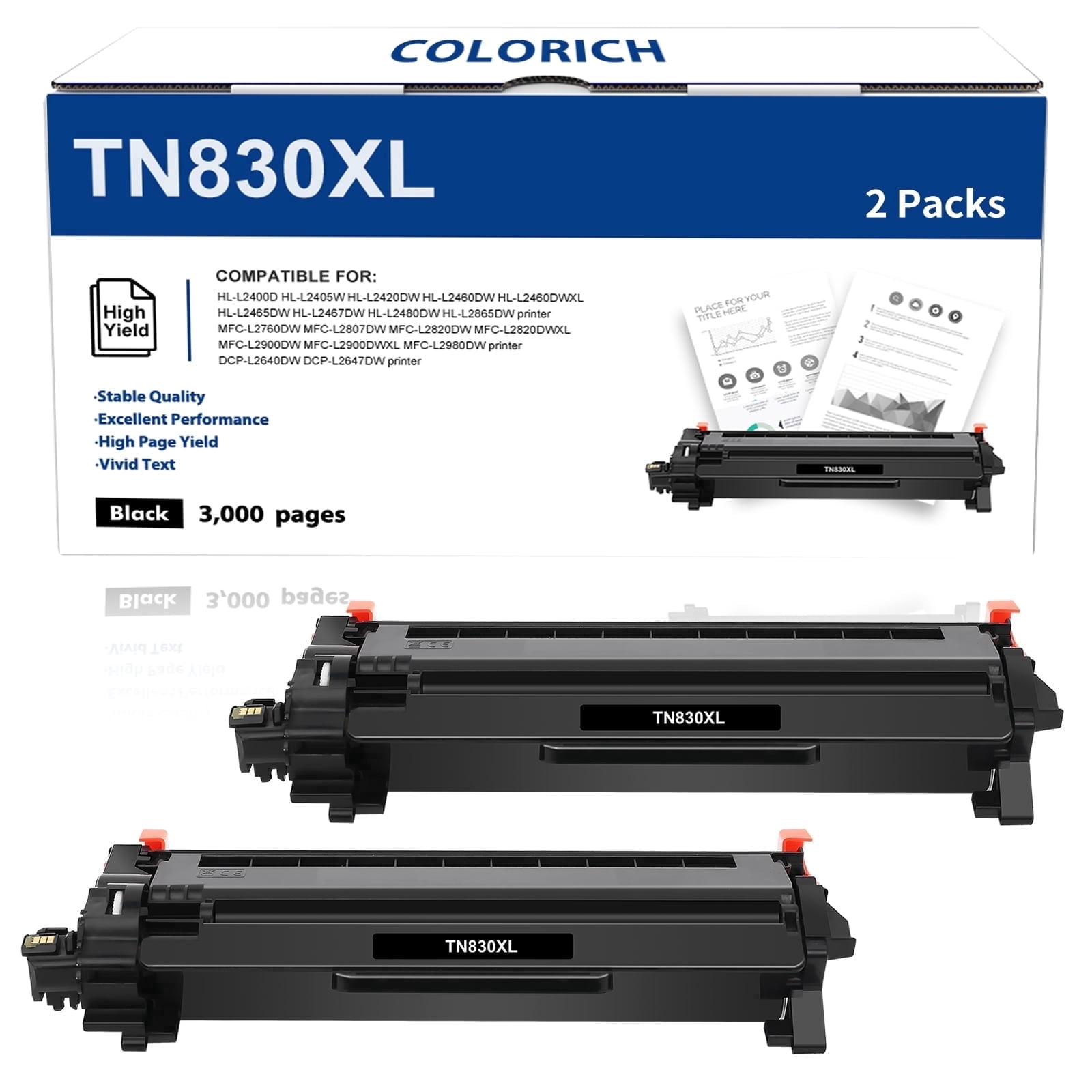Colorich TN830XL Toner Cartridges TN830 High Yield Compatible for Brother TN830XL TN830 TN-830 DCP-L2640DW HL-L2460DW HL-L2405W MFC-L2820DW HL-L2400D L2405W L2480DW MFC-L2820DWXL Printer(Black 2Pack)