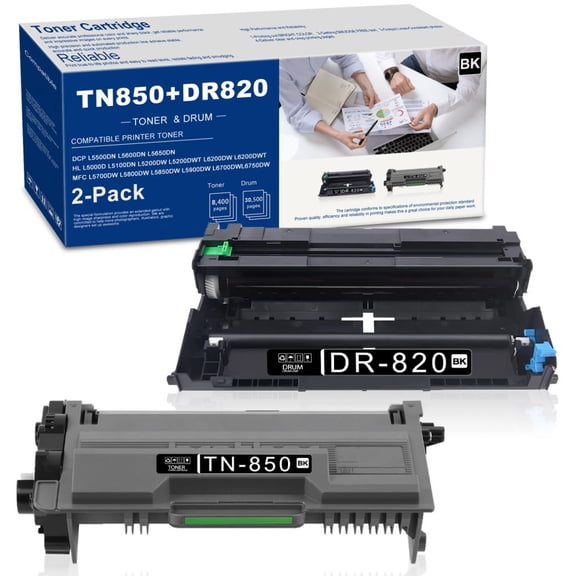 TN850 DR820 Compatible Replacement for Brother DCP-L5600DN MFC-L5700DW Printer - Black, 2 Pack