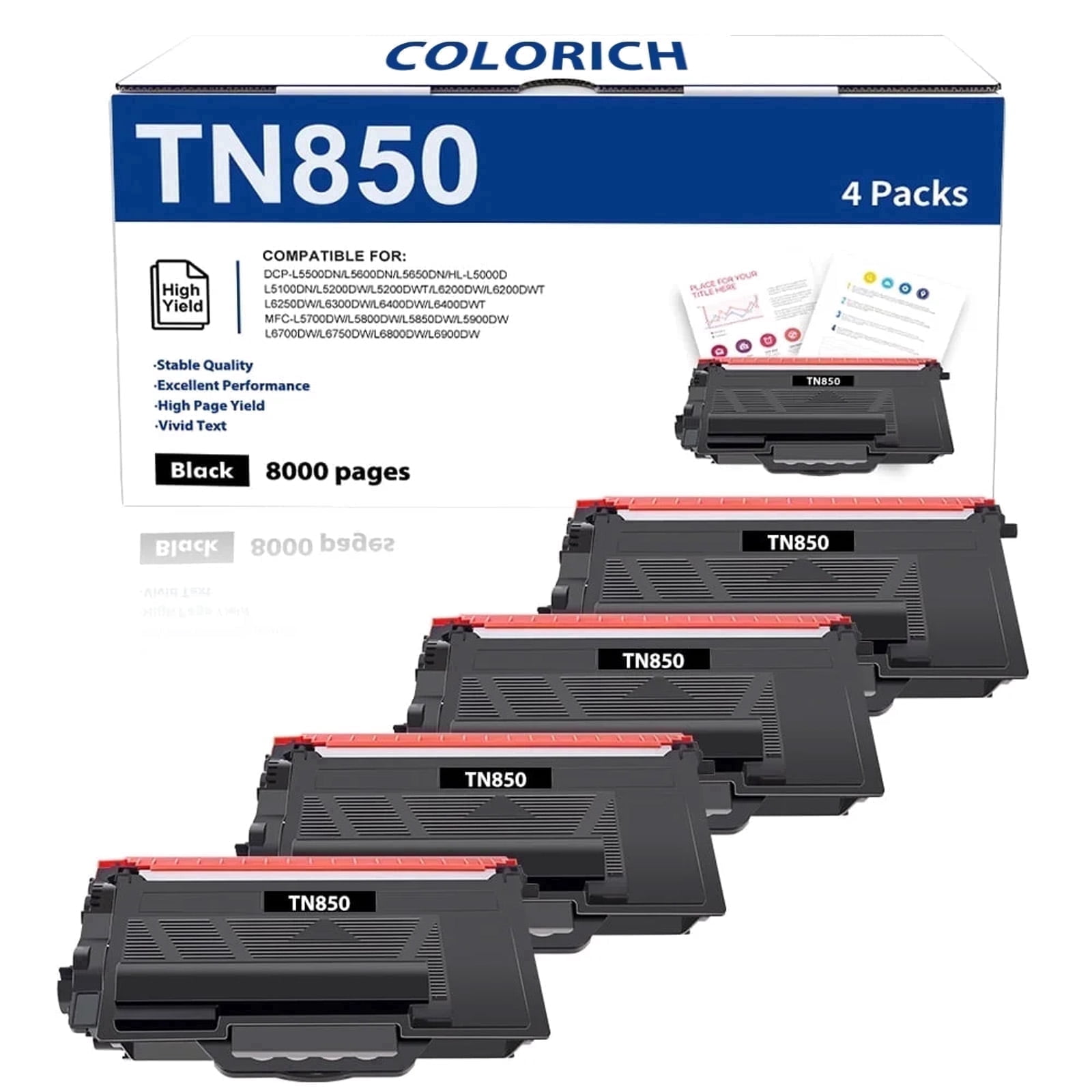 TN850 High Yield Toner Cartridge Compatible TN820 TN850 for Brother TN850 TN 850 TN-850 TN 820 TN-820 MFC-L5700DW L5850DW HL-L6200DW MFC-L5700DW MFC-L5900DW HL-L5200DW Printer Ink (Black, 4-Pack)