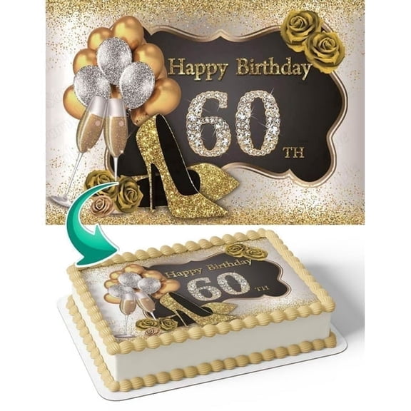 Silver and Gold Champagne Balloons Edible Image Icing Cake Topper for Quarter Sheet Cake, by TNCT