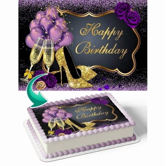 Purple and Gold Champagne Glitter Edible Image Icing Cake Topper for Quarter Sheet Cake, by TNCT