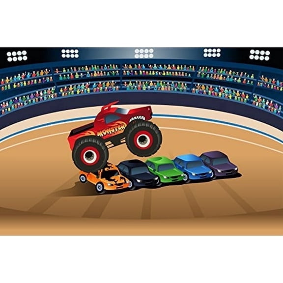Monster Truck Jumping Cars Edible Image Icing Cake Topper for Quarter Sheet Cake, by Tnct.