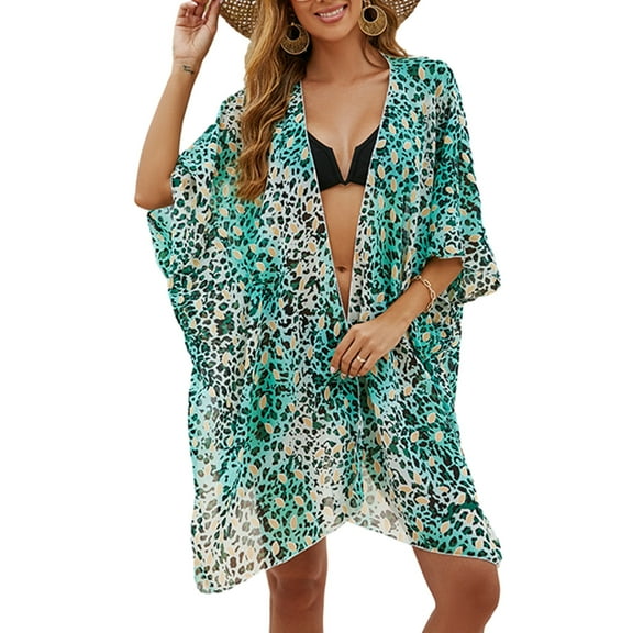 TNOBHG Beach Cover Up Summer Bikini Cardigan Leopard Pattern Half Sleeve Open Front Beachwear Cardigan Sunscreen Swimsuit Cover-up