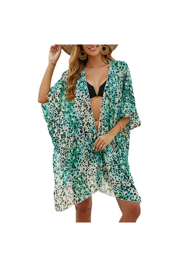 Beach Cover Up Summer Bikini Cardigan Leopard Pattern Half Sleeve Open Front Beachwear Cardigan Sunscreen Swimsuit Cover-up