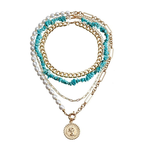 TNOBHG Bohemian Pearl Necklace Set Boho Layered Turquoise Necklace Pearl Beaded Paperclip Metal Chain Circle Choker Jewelry for Women Geometric Beaded