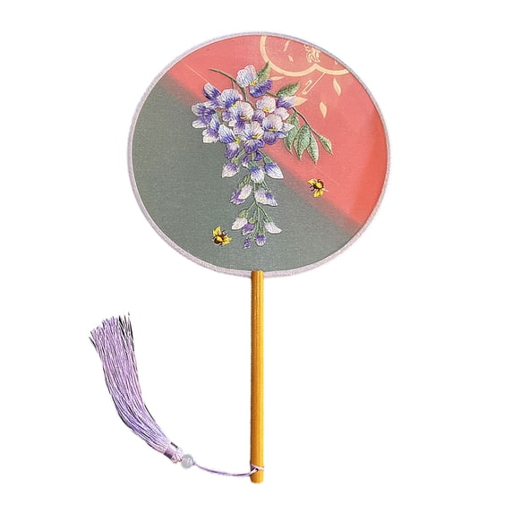 TNOBHG Chinese Style Fan Chinese Hanfu Round Fan Vintage Handmade Embroidered Flower Pattern Handheld Fan with Tassel Pendant for Wedding Special Occasions