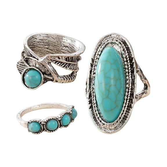 TNOBHG Durable Ring for Wear 3pcs/set Women Finger Ring Set Bohemia Style Irregular Faux Turquoise Decor Wide Finger Band Jewelry Gift Alloy Finger Ring