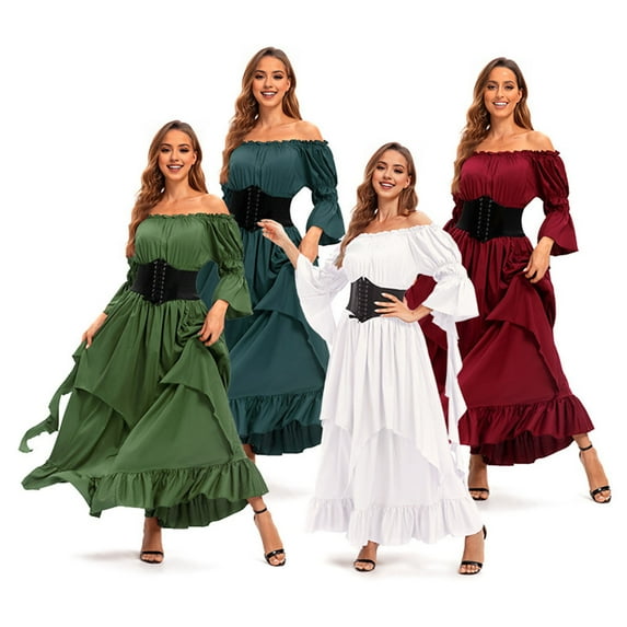 TNOBHG Halloween Dress Vintage Renaissance Medieval Victorian Pirate Dress Prom Ball Gown Off Shoulder Bell Sleeves Ruffle Pleated Irregular Hem Maxi Dress