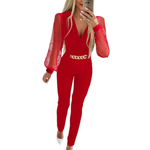TNOBHG Jumpsuit Women Jumpsuit Rose See-through Mesh Chain Decor Slim Fit V Neck High Waist Solid Color Formal Commute Style Long Ankle-length Jumpsuit
