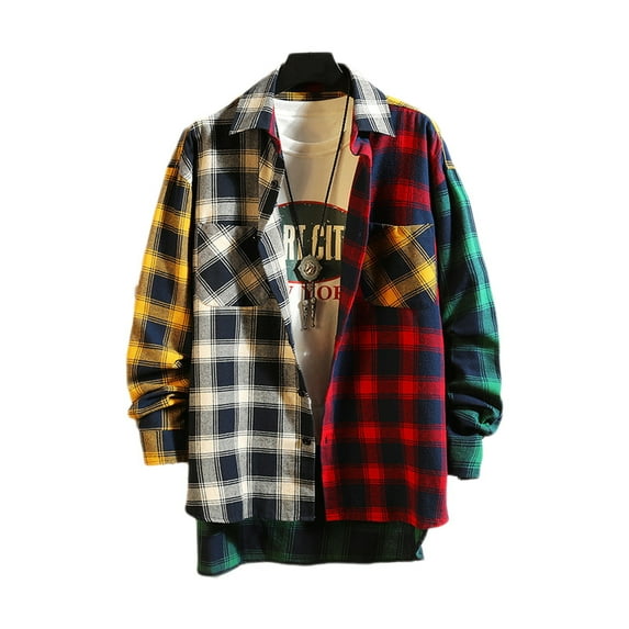TNOBHG Lapel Long Sleeve Shirt Men's Colorblock Plaid Print Single-breasted Loose Long Sleeve Lapel Buttons Streetwear Casual Cardigan Shirt Coat Casual