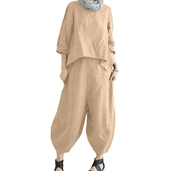 TNOBHG Loose Fit Pants Suit 2 Pcs/set Women Top Pants Suit Solid Color Loose Three Quarter Sleeves Retro Irregular Hem Soft Breathable Elastic Waist Harem
