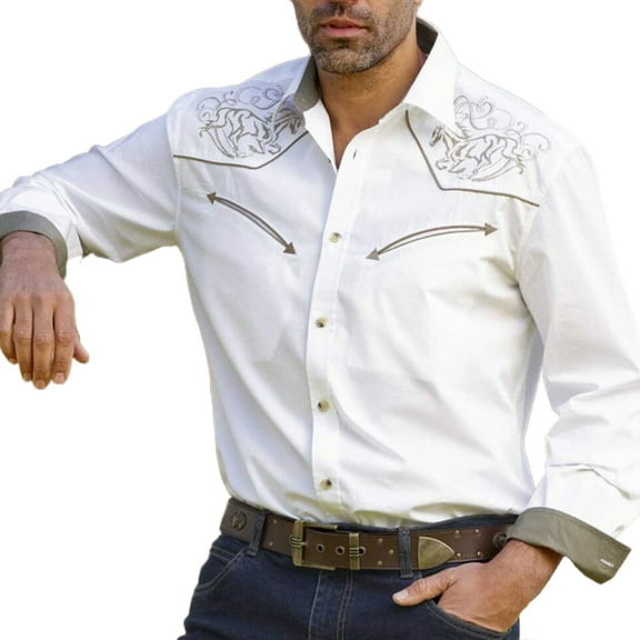 TNOBHG Men Long-sleeve Shirt Men's Vintage Western Cowboy Print Long Sleeve Shirt Slim Fit Casual Business Cardigan Coat Slim Fit Shirt