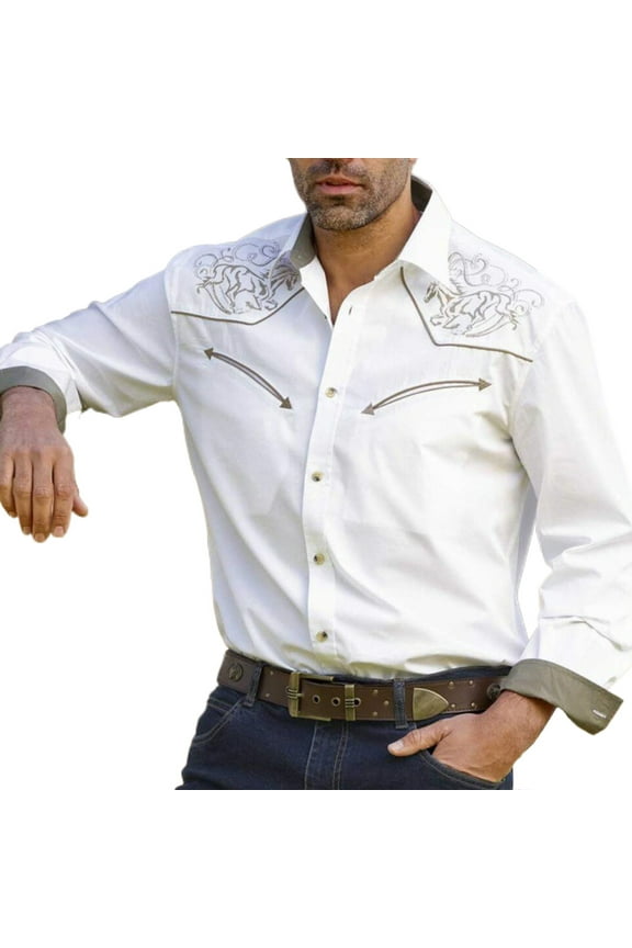 Men Long-sleeve Shirt Men's Vintage Western Cowboy Print Long Sleeve Shirt Slim Fit Casual Business Cardigan Coat Slim Fit Shirt