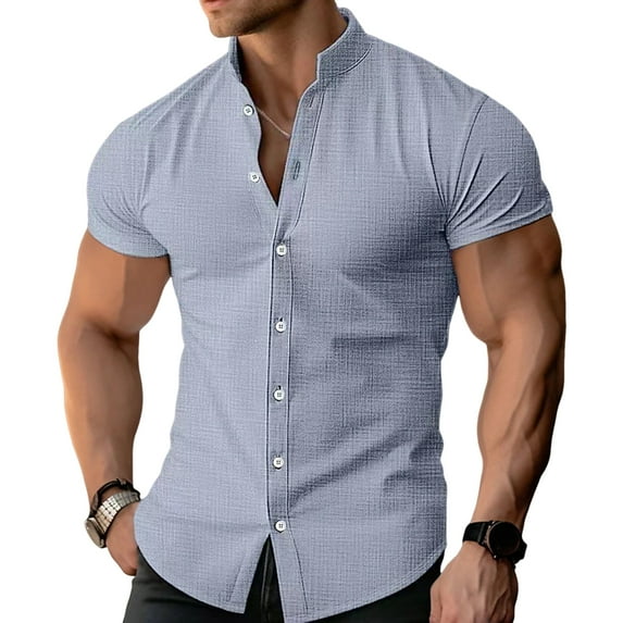 TNOBHG Men Slim Fit Shirt Men's Cotton Linen Slim Fit Stand Collar Shirt with Short Sleeves