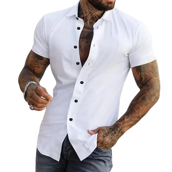 TNOBHG Men Slim Fit Shirt Men Summer Shirt Turn-down Collar Short Sleeves Solid Color Single-breasted Thin Slim Fit Buttons Soft Breathable Formal Business