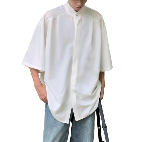 TNOBHG Men Solid Color Shirt Men Summer Shirt Stand Collar Loose Single-breasted Half Sleeve Soft Breathable Chinese Style Baggy Hop Streetwear Mid Length