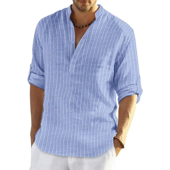 TNOBHG Men Striped Print Shirt Men's Striped Contrast Color Long Sleeve Shirt Stand Collar Soft Breathable Fabric Half-open Design Cufflink Included