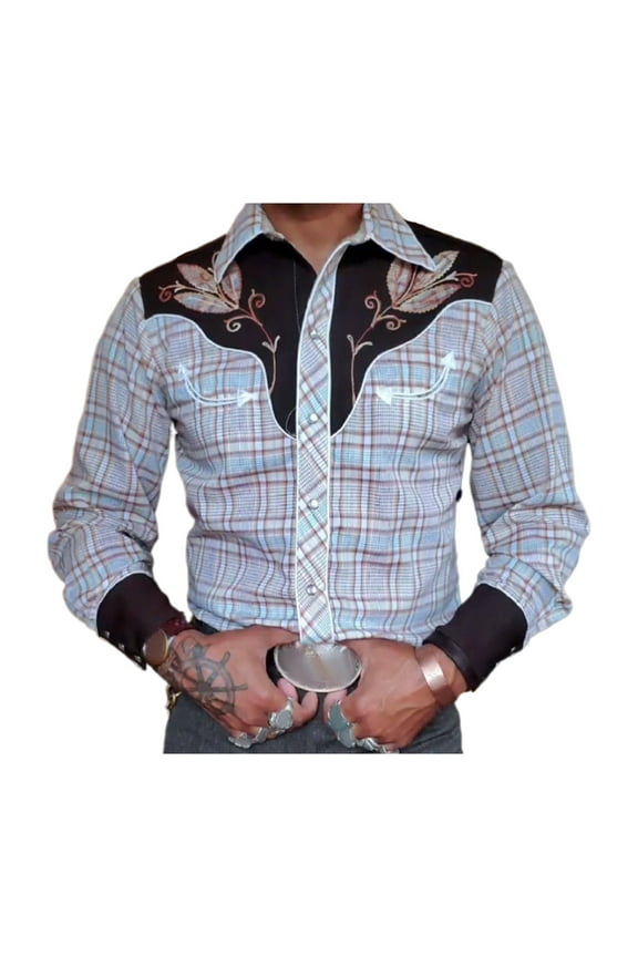 Men`s Vintage Western Cowboy Print Long Sleeve Coat Slim Fit Shirt, L, Blue