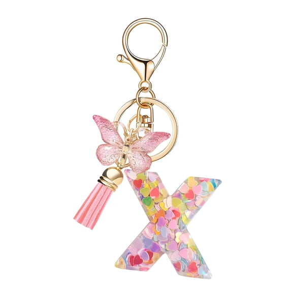 TNOBHG Tassel Keychain Epoxy Resin English Alphabet Keychain with Heart-shaped Sequins Butterflies Tassel Lettering Key Chain Mug Accessory Alphabet Keychain