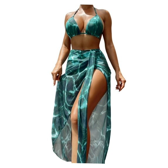 TNOBHG V-neck Swimsuit 3 Pcs/set Women Swimsuit Set Tie-dye Lace-up Halter Neck Color Matching High Waist Wireless Summer Beach Swimwear Bathing Suit Wading
