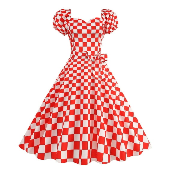 TNOBHG Women 50s Retro Party Dress Women Dress Retro A-line Big Swing Tight High Waist Short Sleeves V Neck Plaid Dot Print Contrast Color Lace-up Tight