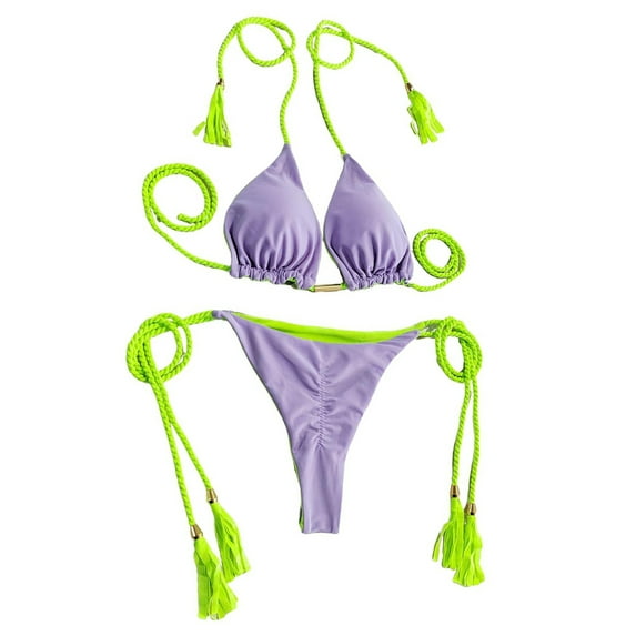 TNOBHG Women Bikini Set Women's Double Sided Contrast Color Halter Bra High Waist Bikini Set with Tassels 2 Piece Swimsuit for Summer Beachwear Halter Bra