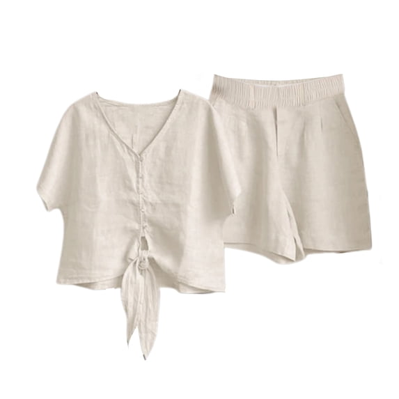 TNOBHG Women Breathable Suit Set 2 Pcs/set Women Shirt Shorts Set V Neck Pure Color Single-breasted Lace-up Knot Short Sleeve Loose Top Shorts Set Summer