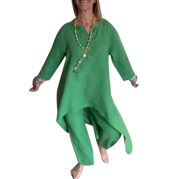 TNOBHG Women Breathable Suit Set Women's Spring Top Pants Suit Three Quarter Sleeve Irregular Hem Loose O Neck Plus Size Solid Color Soft Breathable Lady