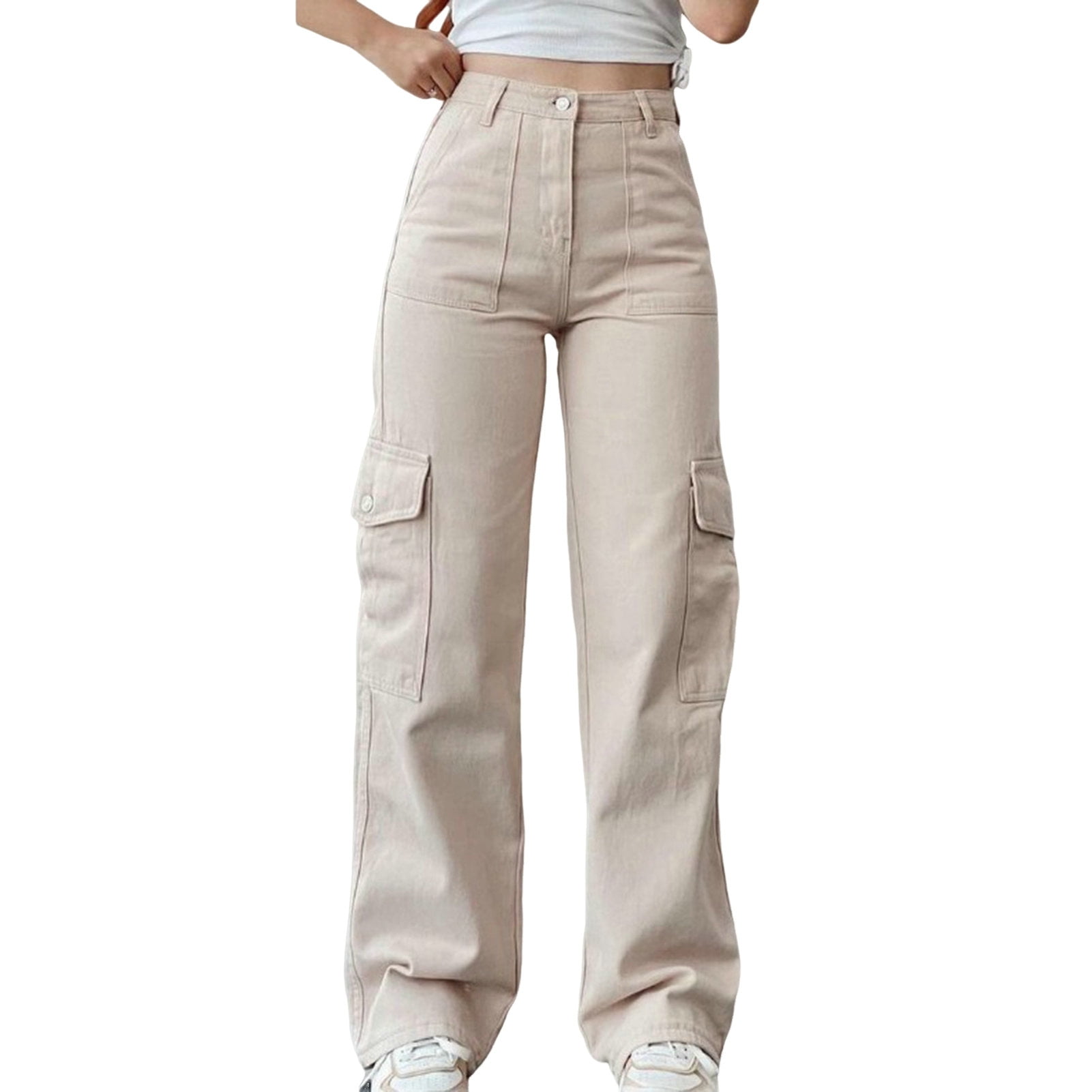 Cargo Pants With Pockets High Waist Drawstring Wide Leg Straight Trousers For Women Overalls