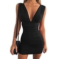 thumbnail image 1 of TNOBHG Women Dress Women Summer Dress V Neck Solid Color Pleated Soft Tight High Waist Sheath Pleated Elastic Party Club Mini Dress Solid Color V-neck Dress, 1 of 1
